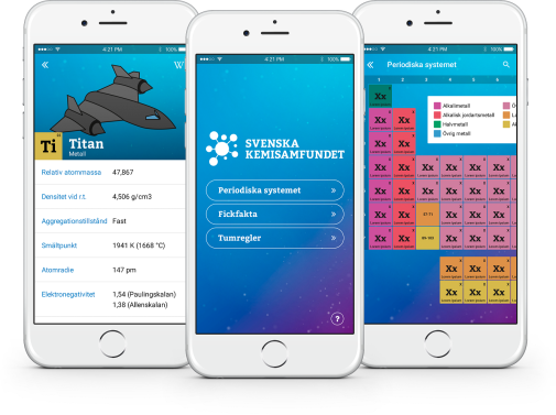 Fickfakta Kemi preliminär vy App om Periodiska systemet från Svenska kemisamfundet